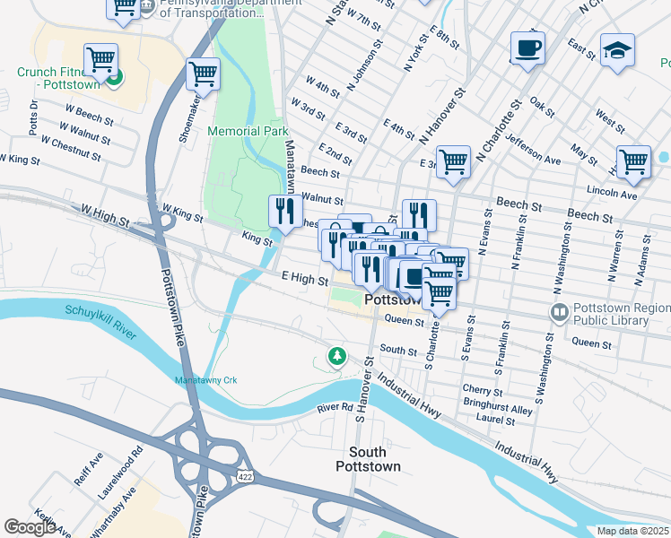 map of restaurants, bars, coffee shops, grocery stores, and more near 16 North York Street in Pottstown