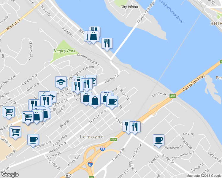 map of restaurants, bars, coffee shops, grocery stores, and more near 133 Bosler Avenue in Lemoyne