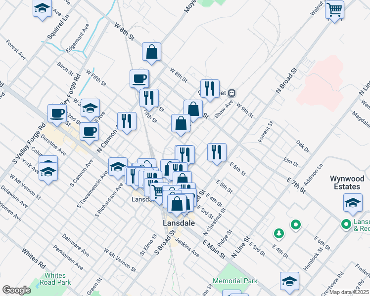map of restaurants, bars, coffee shops, grocery stores, and more near 138 W 5th St in Lansdale