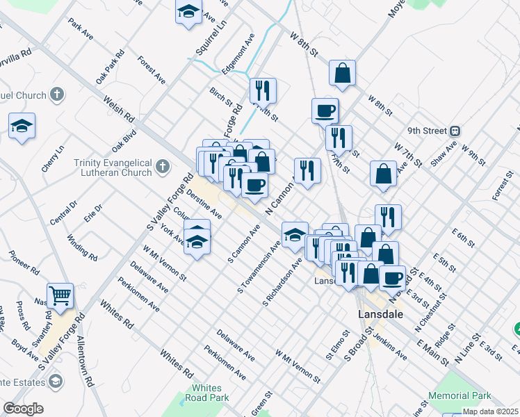 map of restaurants, bars, coffee shops, grocery stores, and more near 703 West Main Street in Lansdale