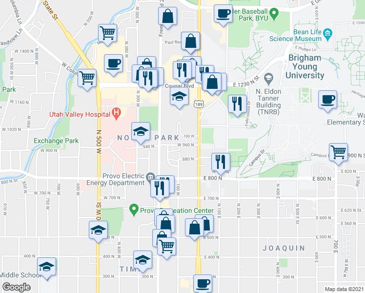 map of restaurants, bars, coffee shops, grocery stores, and more near 75 West 960 North in Provo