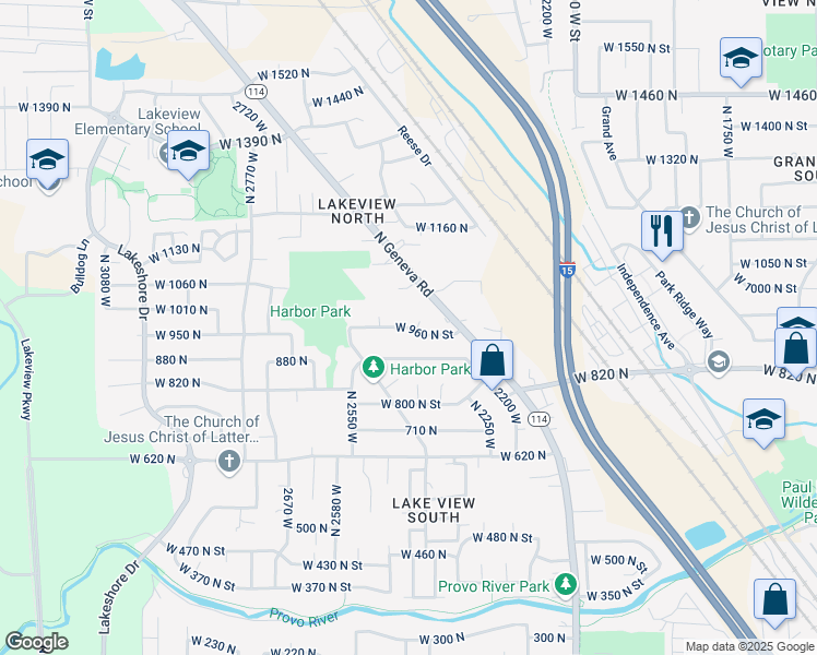 map of restaurants, bars, coffee shops, grocery stores, and more near 2395 West 960 North Street in Provo