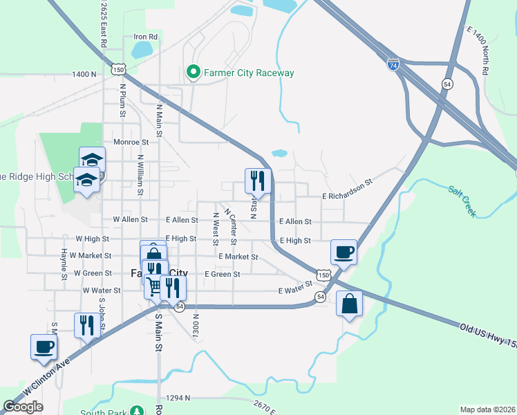 map of restaurants, bars, coffee shops, grocery stores, and more near 318 North State Street in Farmer City