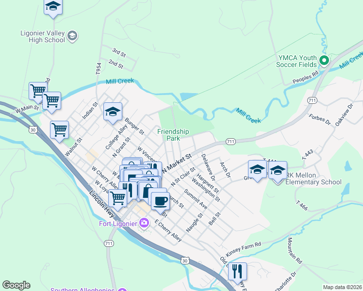 map of restaurants, bars, coffee shops, grocery stores, and more near 114 Boquet Street in Ligonier