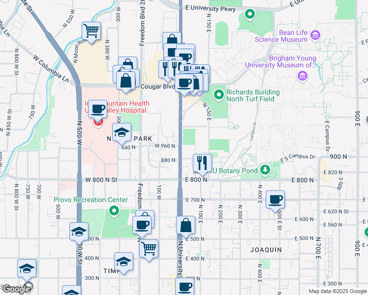 map of restaurants, bars, coffee shops, grocery stores, and more near 950 North University Avenue in Provo