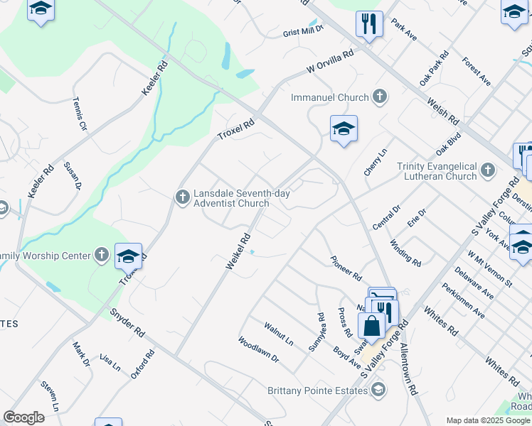 map of restaurants, bars, coffee shops, grocery stores, and more near 701 Weikel Road in Lansdale