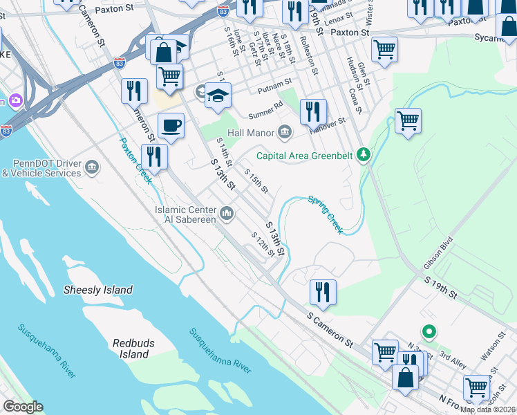 map of restaurants, bars, coffee shops, grocery stores, and more near 1445 South 13th Street in Harrisburg