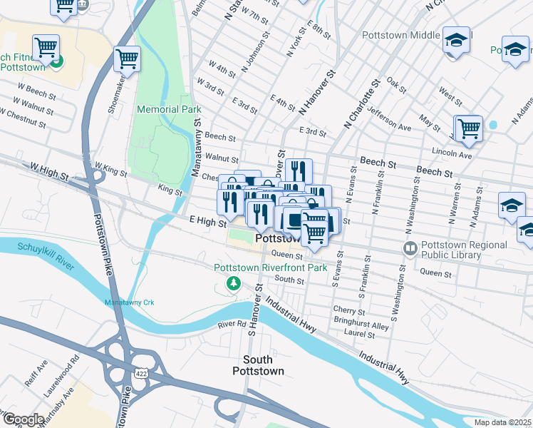 map of restaurants, bars, coffee shops, grocery stores, and more near 146 King Street in Pottstown