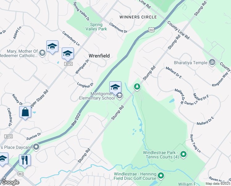map of restaurants, bars, coffee shops, grocery stores, and more near 1221 Stump Road in North Wales