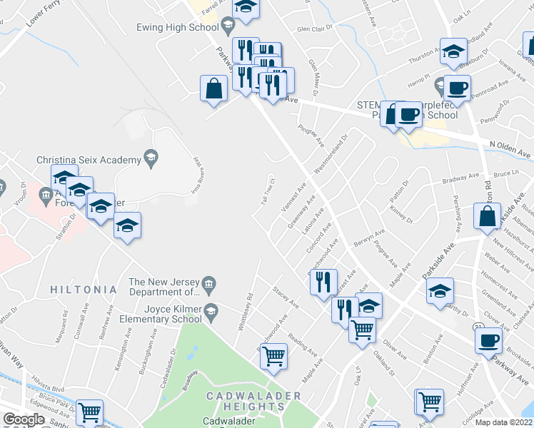 map of restaurants, bars, coffee shops, grocery stores, and more near 4 Tall Tree Court in Ewing Township
