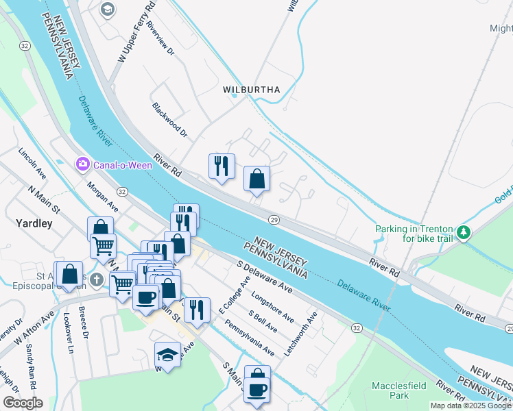 map of restaurants, bars, coffee shops, grocery stores, and more near in Ewing Township