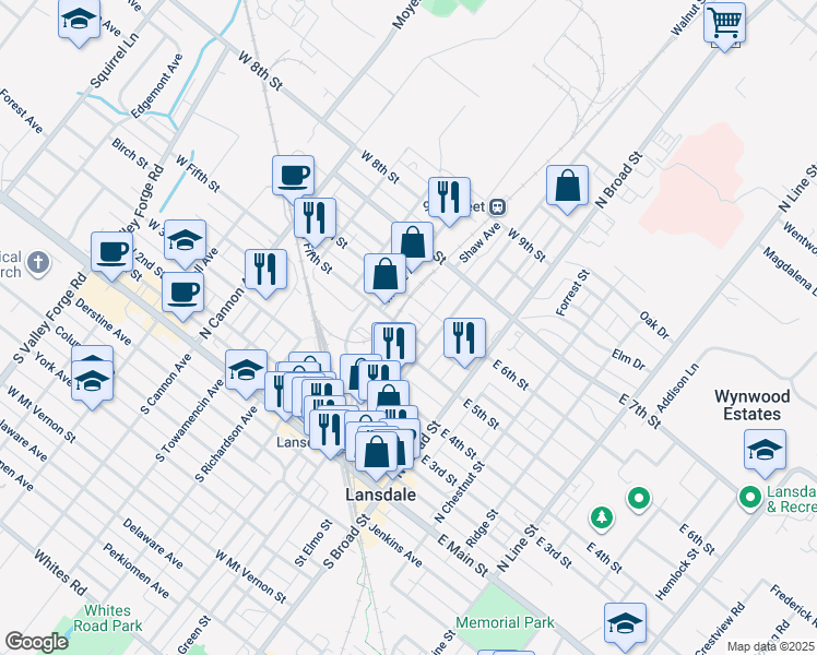 map of restaurants, bars, coffee shops, grocery stores, and more near 125 West 5th Street in Lansdale