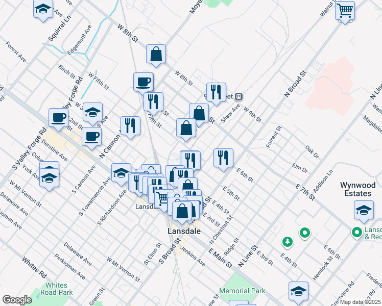 map of restaurants, bars, coffee shops, grocery stores, and more near 138 West 5th Street in Lansdale