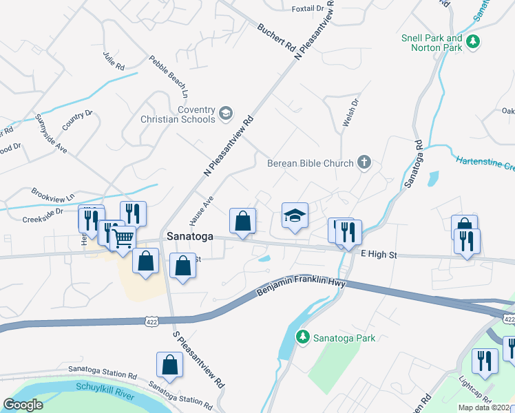 map of restaurants, bars, coffee shops, grocery stores, and more near 911 South Court in Sanatoga
