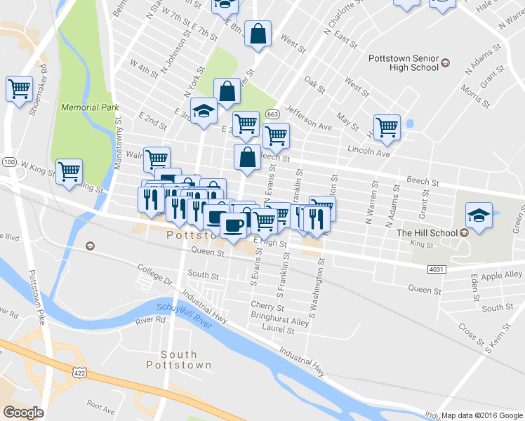 map of restaurants, bars, coffee shops, grocery stores, and more near 323 King Street in Pottstown