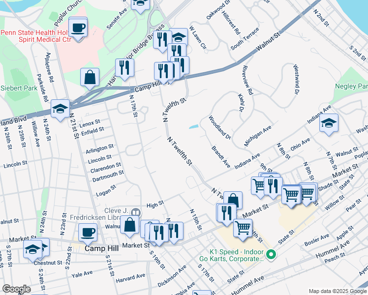 map of restaurants, bars, coffee shops, grocery stores, and more near 500-566 North 12th Street in Lemoyne