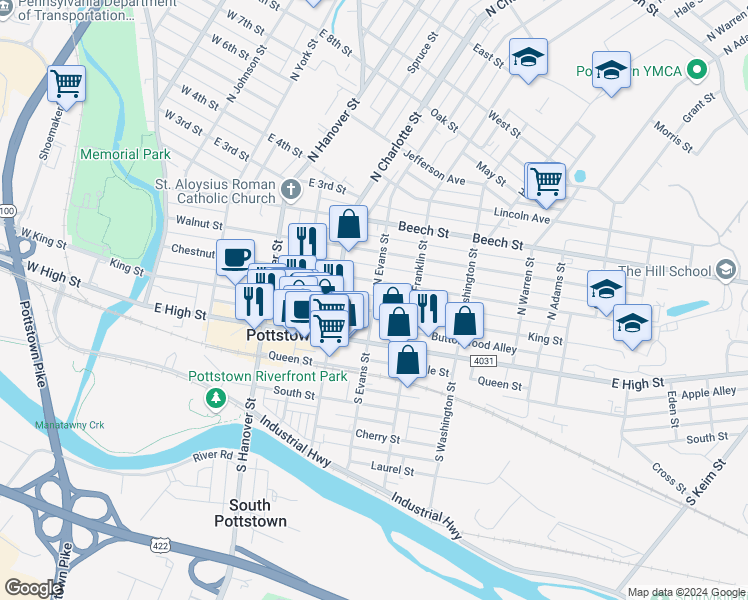 map of restaurants, bars, coffee shops, grocery stores, and more near 61 North Evans Street in Pottstown