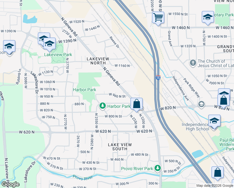 map of restaurants, bars, coffee shops, grocery stores, and more near 2374 West 960 North Street in Provo