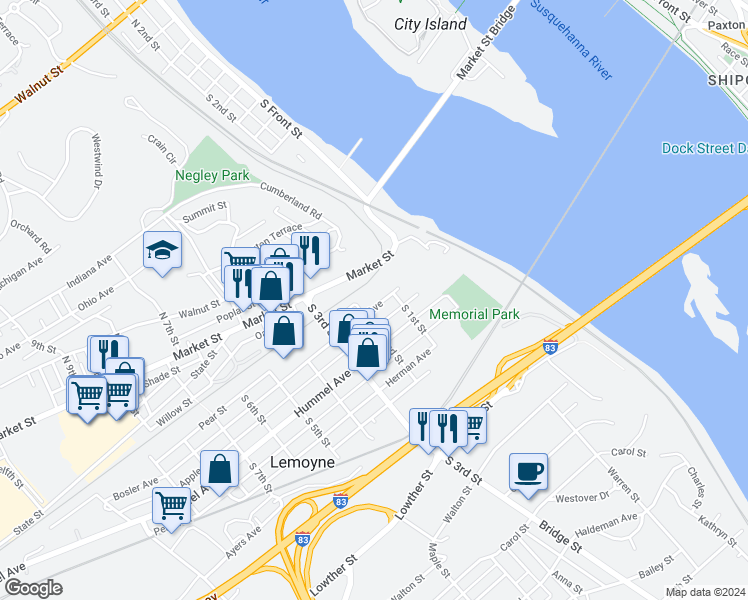 map of restaurants, bars, coffee shops, grocery stores, and more near 125 Bosler Avenue in Lemoyne