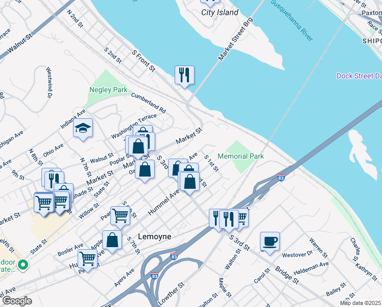 map of restaurants, bars, coffee shops, grocery stores, and more near 125 Bosler Avenue in Lemoyne
