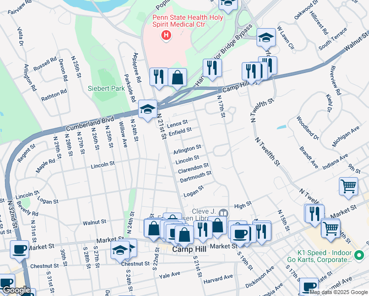 map of restaurants, bars, coffee shops, grocery stores, and more near 1916 Arlington Street in Camp Hill