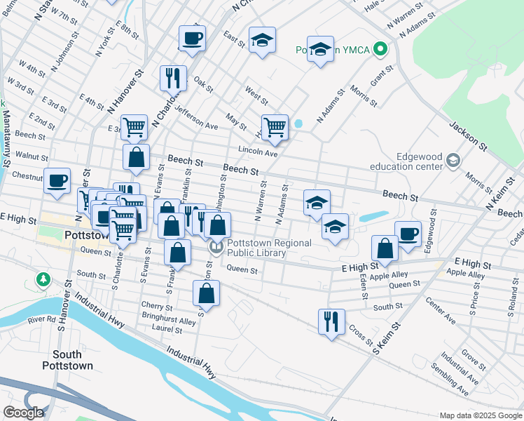 map of restaurants, bars, coffee shops, grocery stores, and more near 106 North Warren Street in Pottstown