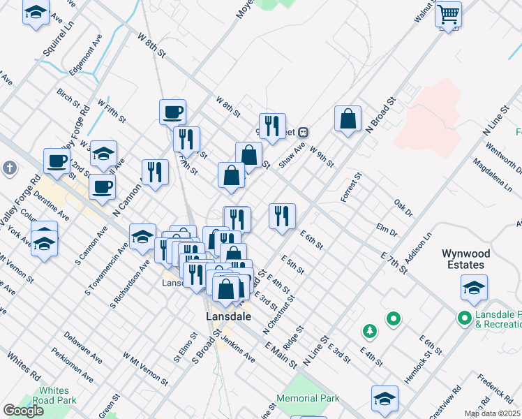 map of restaurants, bars, coffee shops, grocery stores, and more near 532 Walnut Street in Lansdale