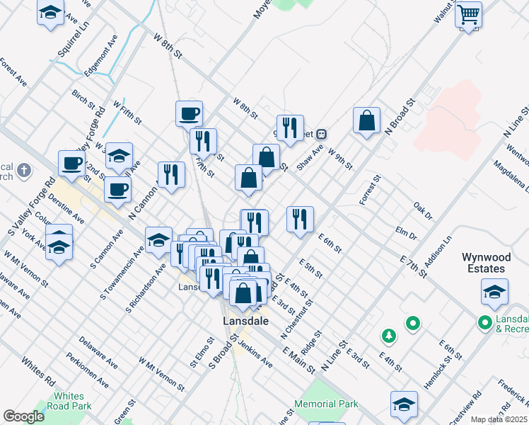 map of restaurants, bars, coffee shops, grocery stores, and more near 125 West 5th Street in Lansdale