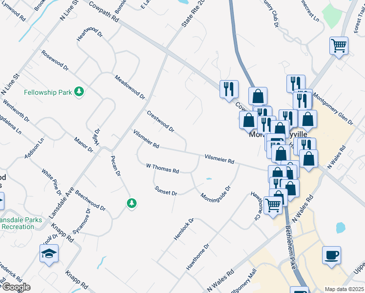 map of restaurants, bars, coffee shops, grocery stores, and more near 1117 Vilsmeier Road in Lansdale