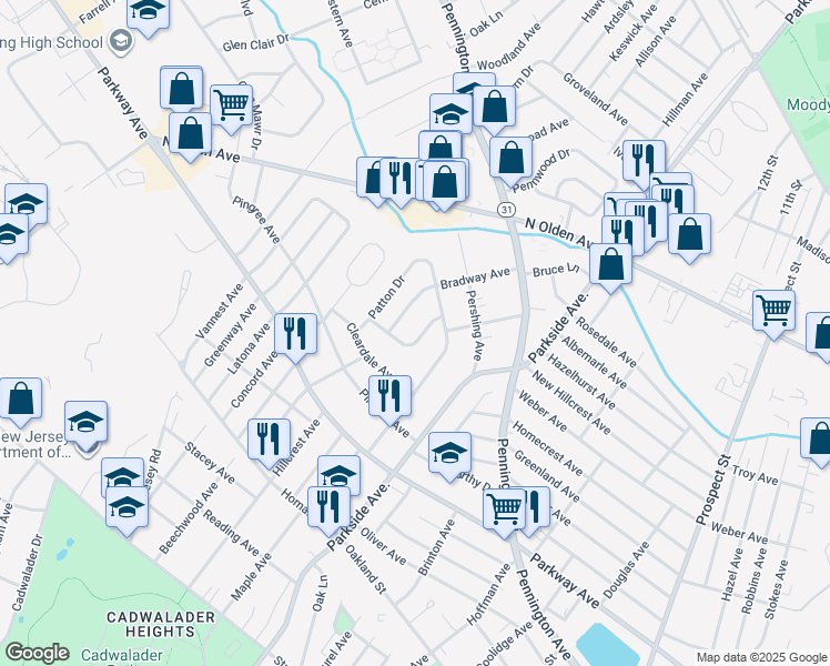 map of restaurants, bars, coffee shops, grocery stores, and more near 25 Kinney Drive in Ewing Township