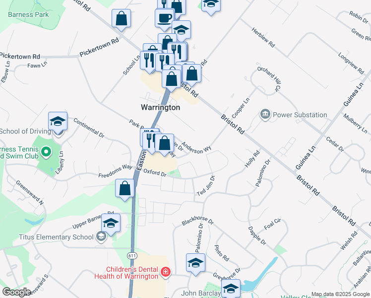 map of restaurants, bars, coffee shops, grocery stores, and more near 2209 Evin Drive in Warrington