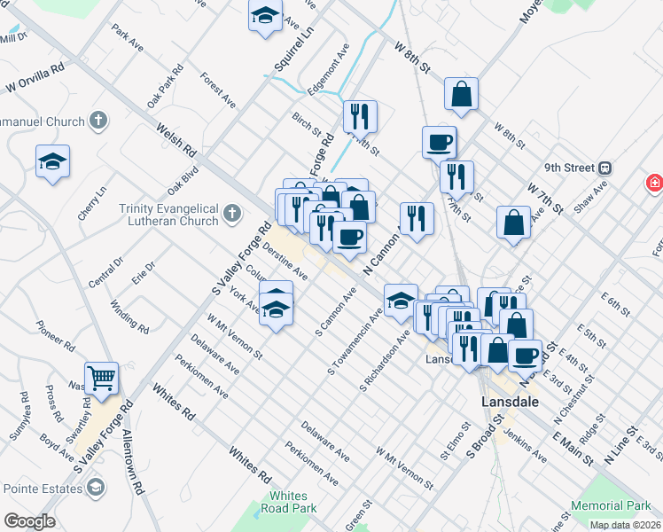 map of restaurants, bars, coffee shops, grocery stores, and more near 728 West Main Street in Lansdale
