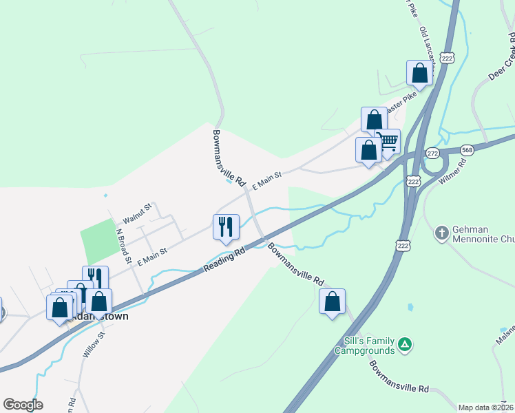 map of restaurants, bars, coffee shops, grocery stores, and more near 1990 Bowmansville Road in Reinholds