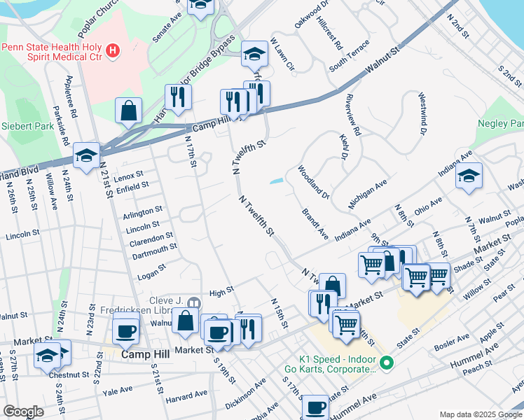 map of restaurants, bars, coffee shops, grocery stores, and more near 400 North 12th Street in Lemoyne