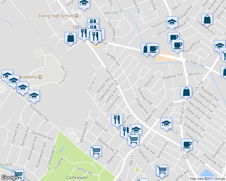 map of restaurants, bars, coffee shops, grocery stores, and more near 437 Latona Avenue in Ewing Township