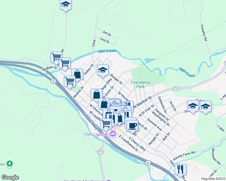 map of restaurants, bars, coffee shops, grocery stores, and more near 243 West Vincent Street in Ligonier
