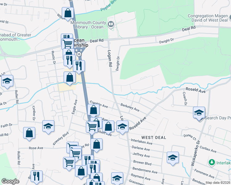 map of restaurants, bars, coffee shops, grocery stores, and more near 2800 Logan Rd in Ocean Township