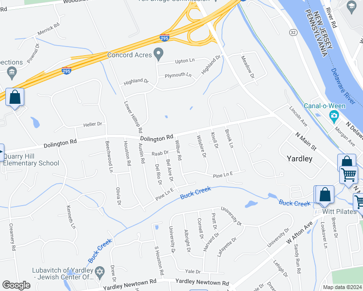 map of restaurants, bars, coffee shops, grocery stores, and more near 1272 Holly Court in Yardley