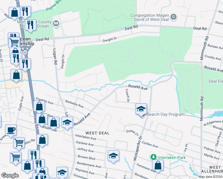 map of restaurants, bars, coffee shops, grocery stores, and more near 755 Roseld Avenue in Monmouth County