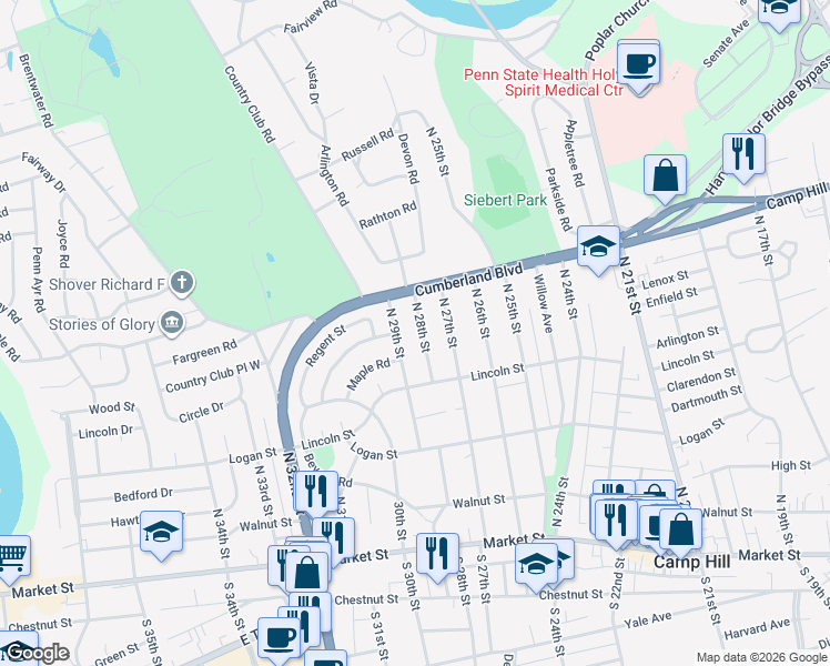 map of restaurants, bars, coffee shops, grocery stores, and more near 340 North 28th Street in Camp Hill