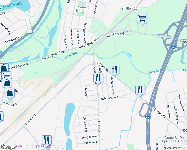 map of restaurants, bars, coffee shops, grocery stores, and more near 166 Klockner Road in Hamilton Township