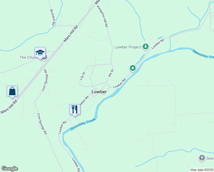 map of restaurants, bars, coffee shops, grocery stores, and more near 238 Kangaroo Hill Road in Lowber