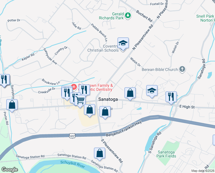 map of restaurants, bars, coffee shops, grocery stores, and more near 298 North Pleasantview Road in Pottstown