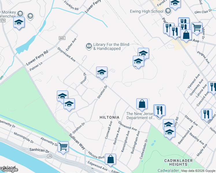 map of restaurants, bars, coffee shops, grocery stores, and more near 1610 Stuyvesant Avenue in Ewing Township