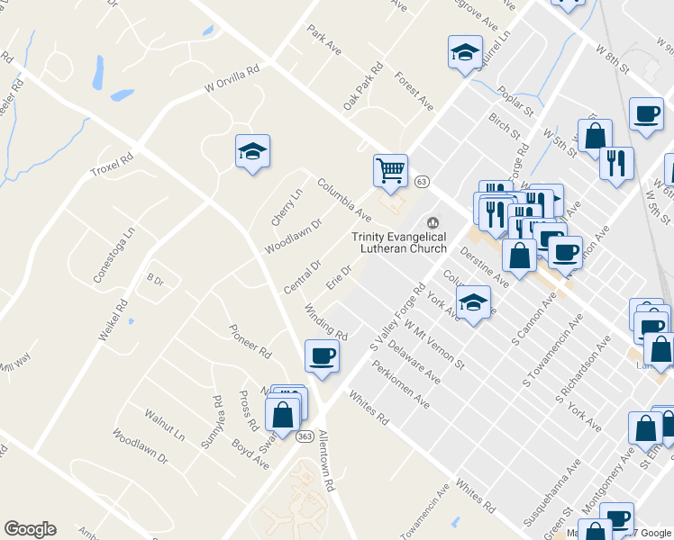 map of restaurants, bars, coffee shops, grocery stores, and more near 323 Erie Drive in Lansdale