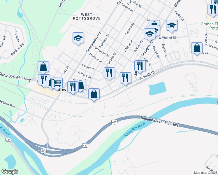 map of restaurants, bars, coffee shops, grocery stores, and more near 6 West Vine Street in Stowe