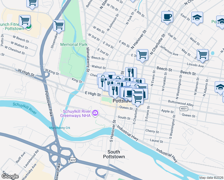 map of restaurants, bars, coffee shops, grocery stores, and more near 146 King Street in Pottstown