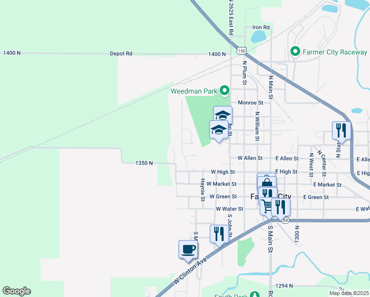 map of restaurants, bars, coffee shops, grocery stores, and more near 310 Brookview Drive in Farmer City