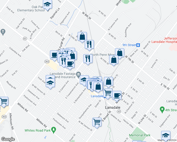 map of restaurants, bars, coffee shops, grocery stores, and more near 560 West 3rd Street in Lansdale