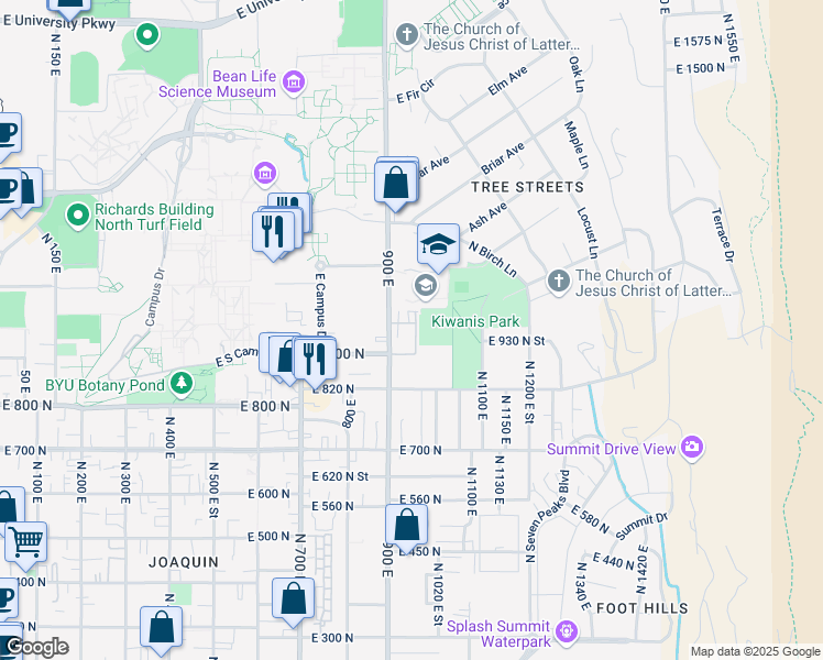 map of restaurants, bars, coffee shops, grocery stores, and more near 972 900 East in Provo